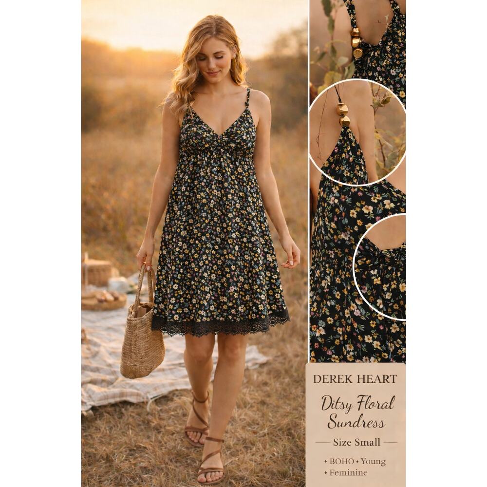 Derek Heart Floral Sundress Size L Black Ditsy Boho Lace Trim Mini Y2K